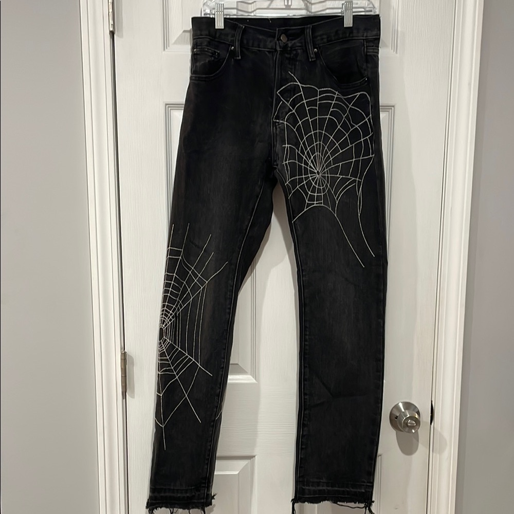 MNML Black Jeans with White Web Design